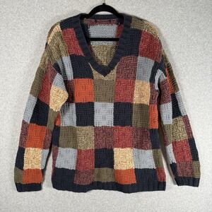 Patchwork sweater womens medium vintage pullover oversized v neck cotton knit